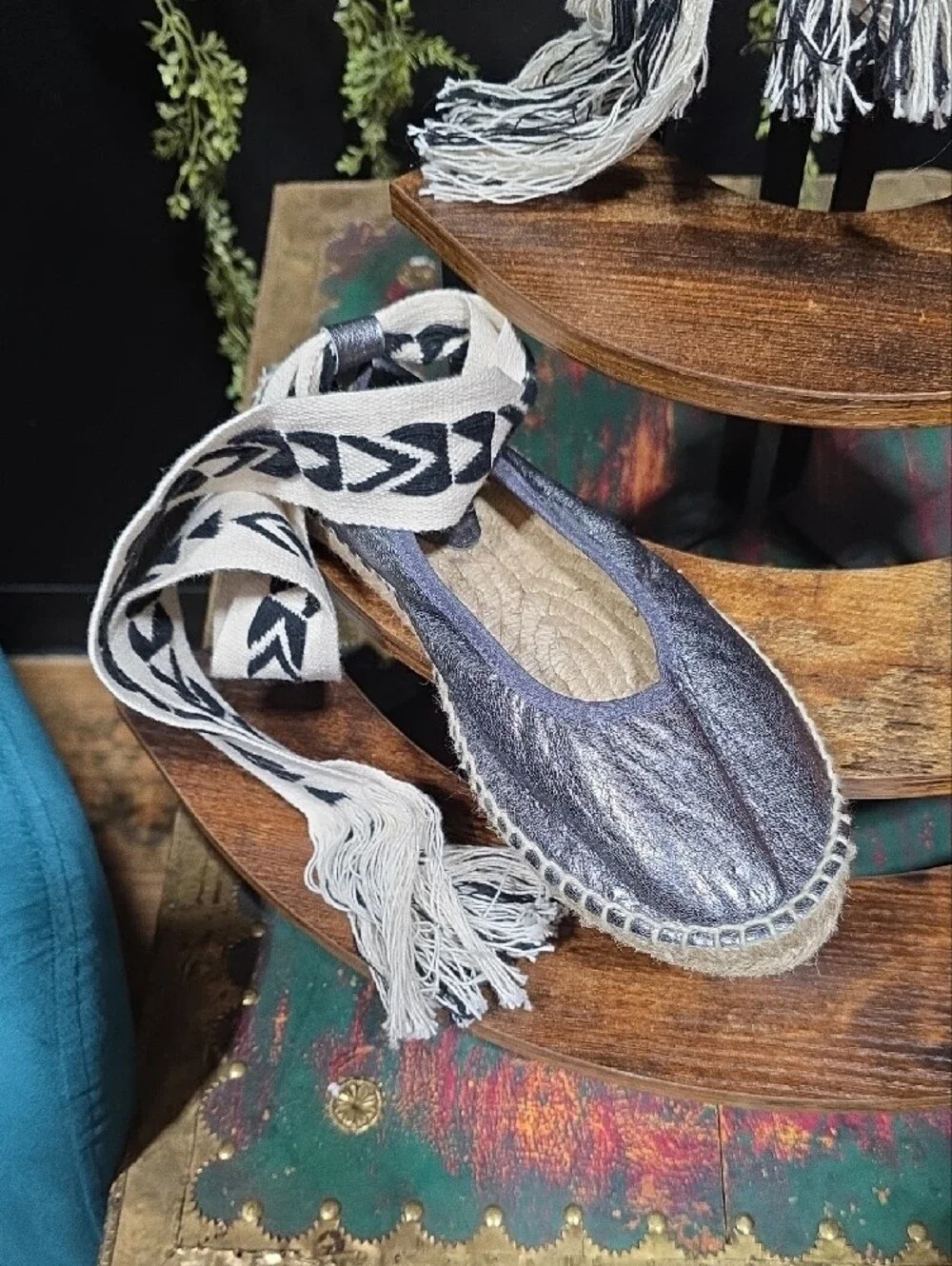 Free People Metallic Silver Espadrille Flats with Braided Ankle Wraps